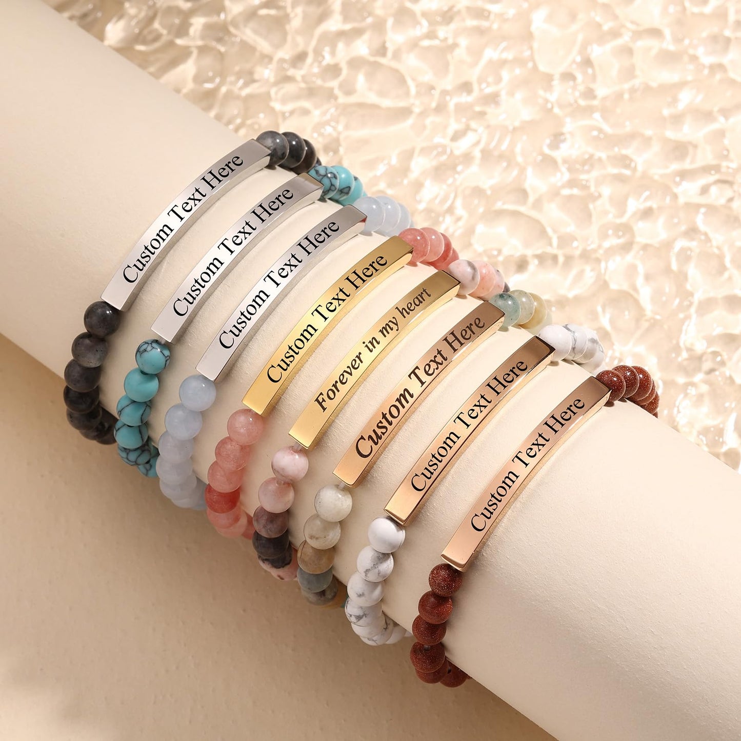 INBLUE Personalized Beaded Bracelets for Women with Engraved Name Natural Stone Stretch Inspirational Bracelet Personalized Jewelry Gift for Mom Wife Friends - Style 06