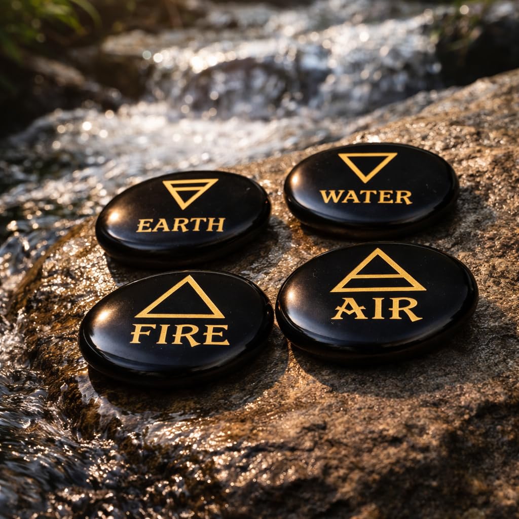 Crocon 4 Elements Black Tourmalinetones Round Shape Engraved Triangle Symbols (Earth Air Fire Water) Polished Palm Stones for Gemstone Reiki Crystals and Healing Stones Meditation Divination Gifts