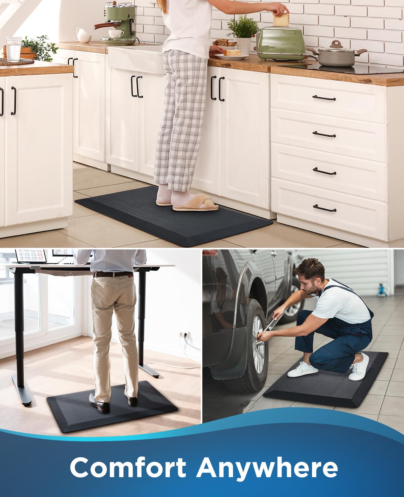 Ophanie Kitchen Mats for Floor, 3/4 inch Thick, 20x39 Anti Fatigue Cushioned Mat, Kitchen Rugs, Waterproof, Comfort Ergonomic Standing Mat for Office, Home, Sink, Black Non-Slip Ridged Bottom