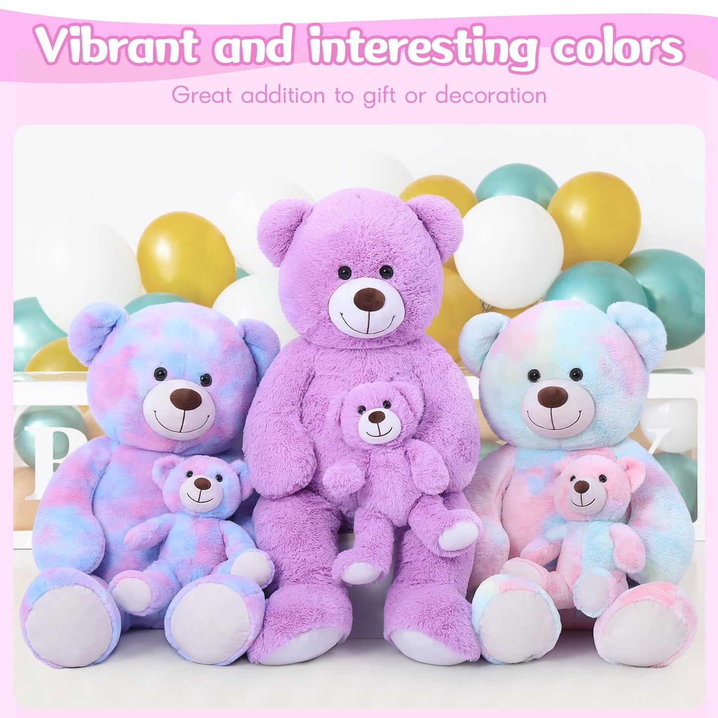 Tezituor Big Teddy Bear with Baby, 39 inch Large Mommy Teddy Bear with Baby, Giant Stuffed Bear for Kids, Girlfriend on Mother's Day, Valentine, Christmas, Baby Shower, Tie-dye Pink