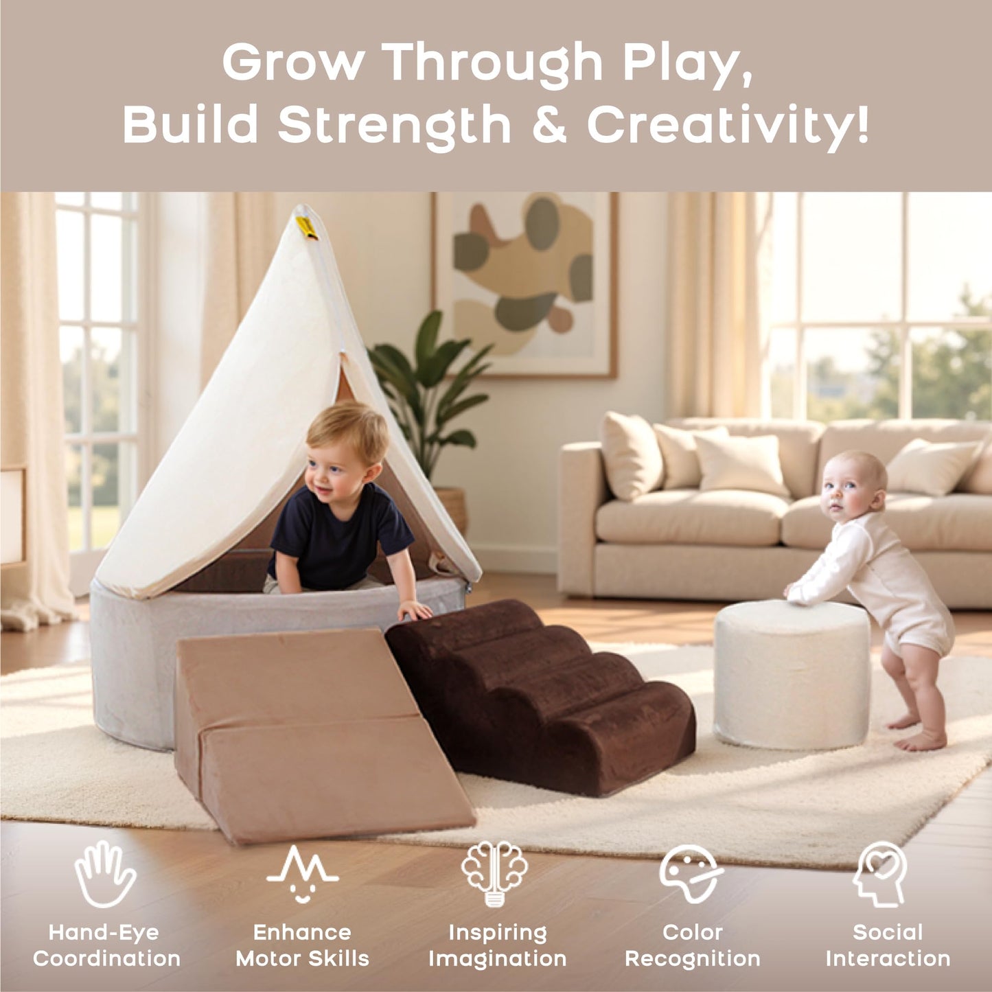 BanaSuper Large Ball Pit with Climbing Toys, 4-in-1 Foam Blocks Playset for Toddlers, Indoor Soft Play Gym for Crawling, Climbing & Imaginative Play, Ideal Gift (Balls Not Included)