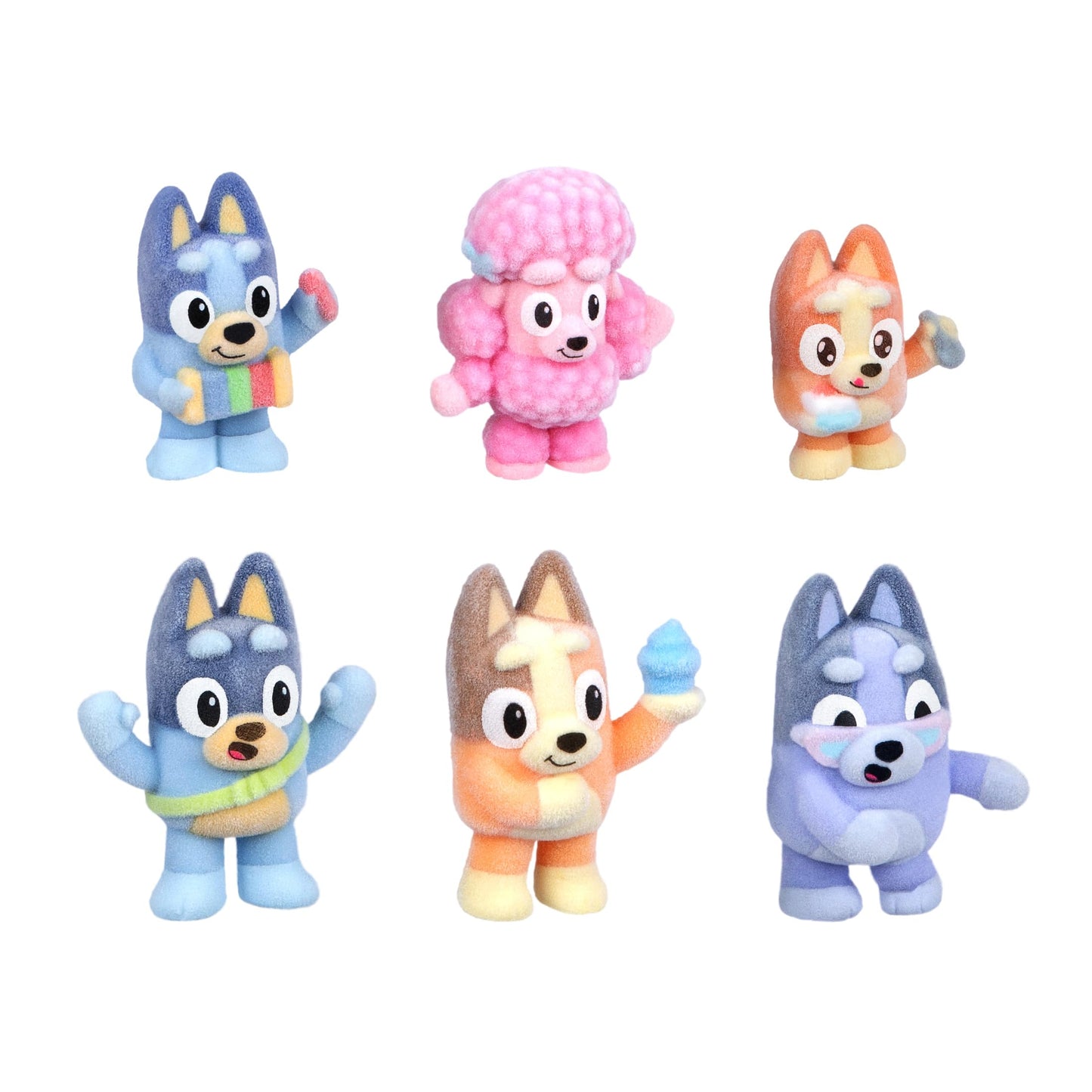Bluey Fuzzies Deluxe Figure Pack. Eight Figures : 6 Specially Flocked Collectible Mini-Figures + 2 Surprise Figures (Blind Pack), Trading Card, and Collector's Guide. 80 to Collect in Series 1!