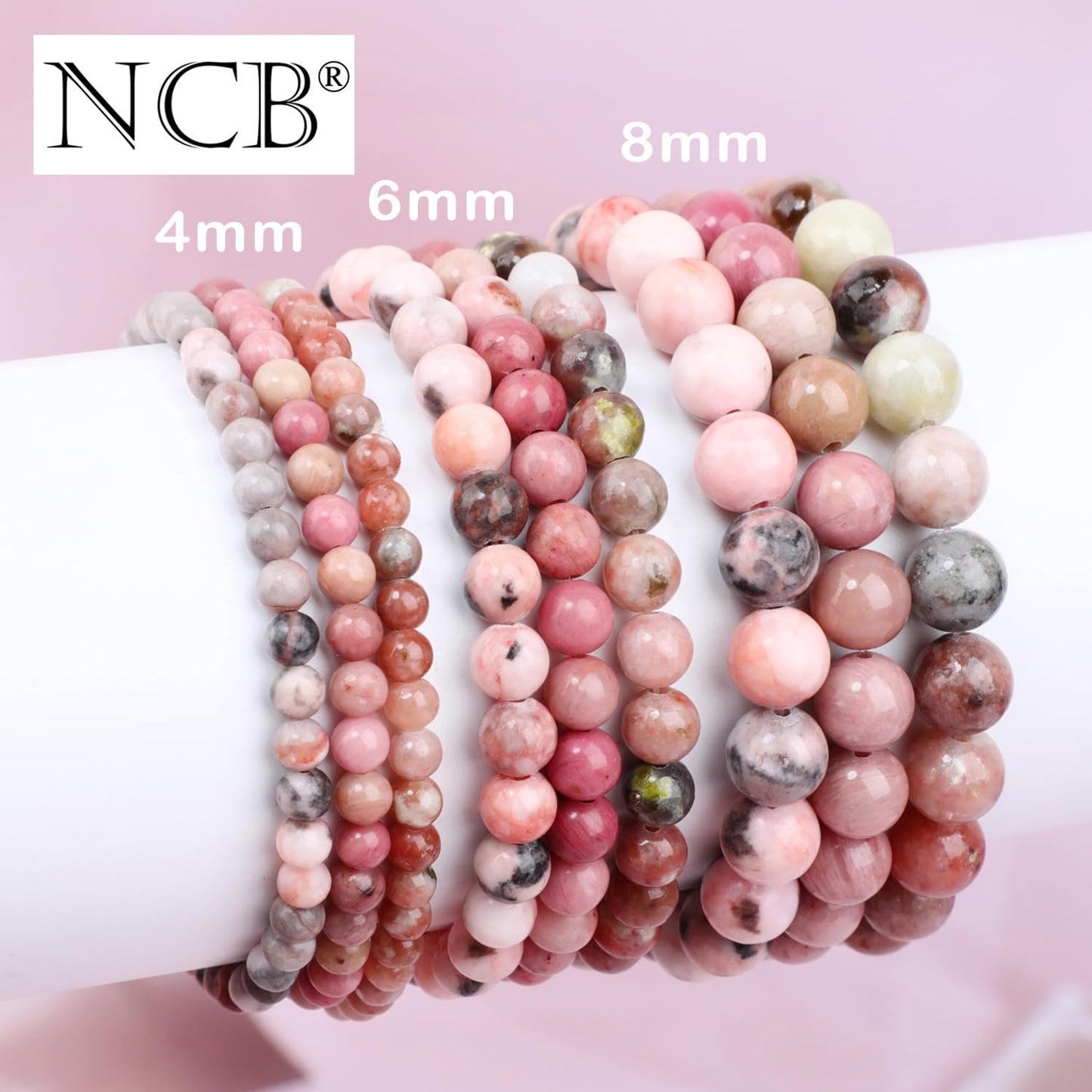 NCB 3-Piece 8mm Natural Crystal Gemstone Stretch Bracelets – Pink Zebra, Red Jasper, Red Plum Blossom Stone Handmade Reiki Energy Healing Jewelry for Meditation,Yoga, Unisex