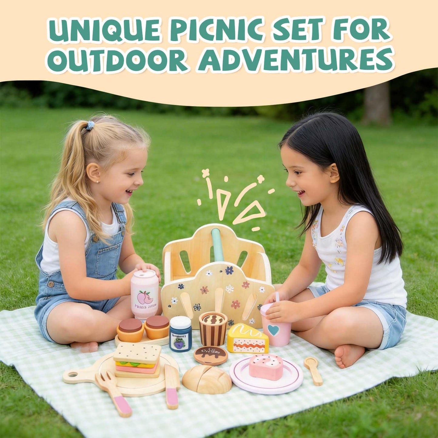 Potatomato Wooden Picnic Playset for Toddlers - 25+ Pcs Play Food Set with Cutting Desserts&Functional Basket - Montessori Pretend Play Kitchen Accessories-Birthday Gift for Girls Boys