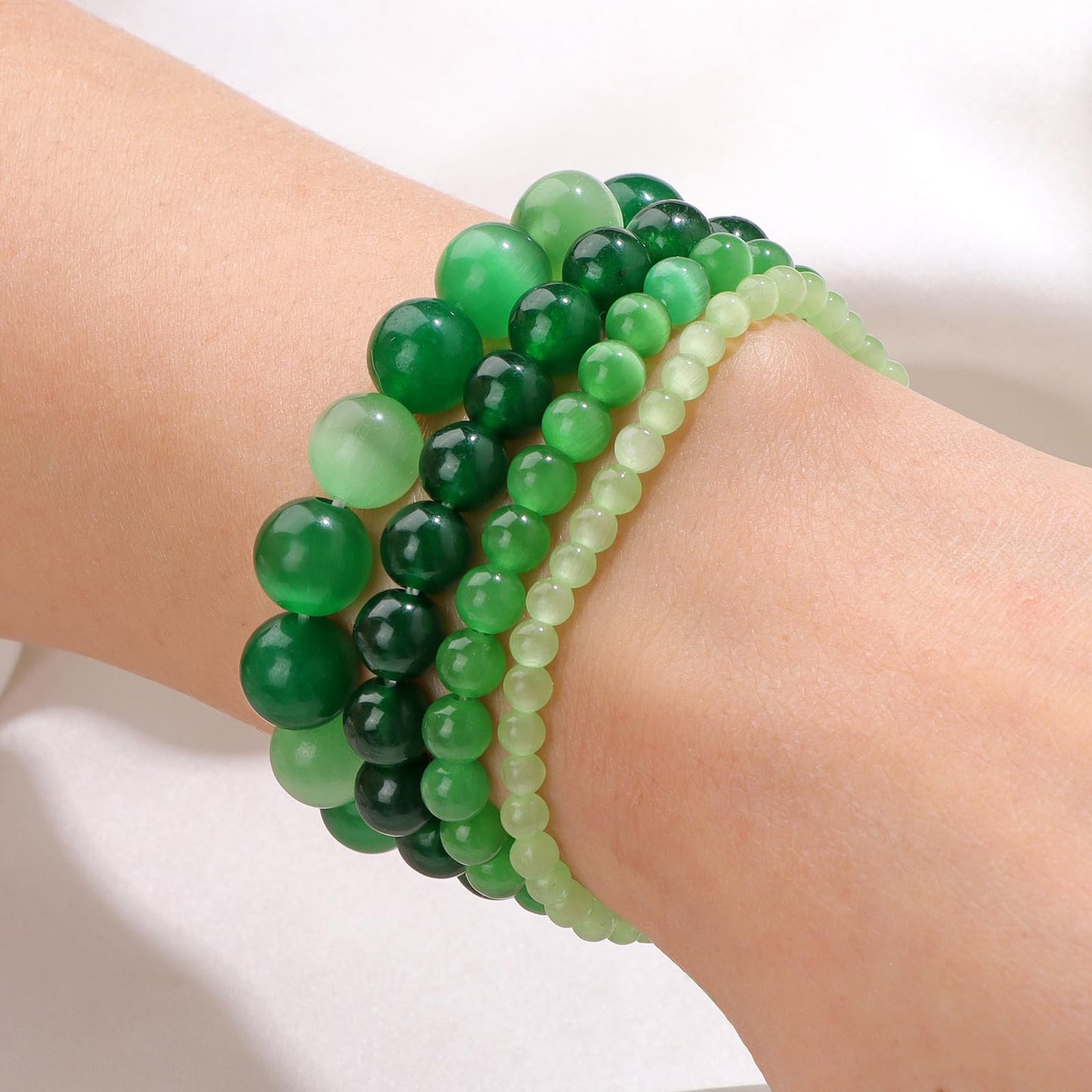 Vinswet 4pcs Natural Stone Beaded Bracelets for Women Men,Healing Crystal Gemstones Stretch Bracelet,4mm 6mm 8mm 10mm Green jade Light Dark green cat eyes Anxiety Stress Relief Bracelet Jewelry Gifts