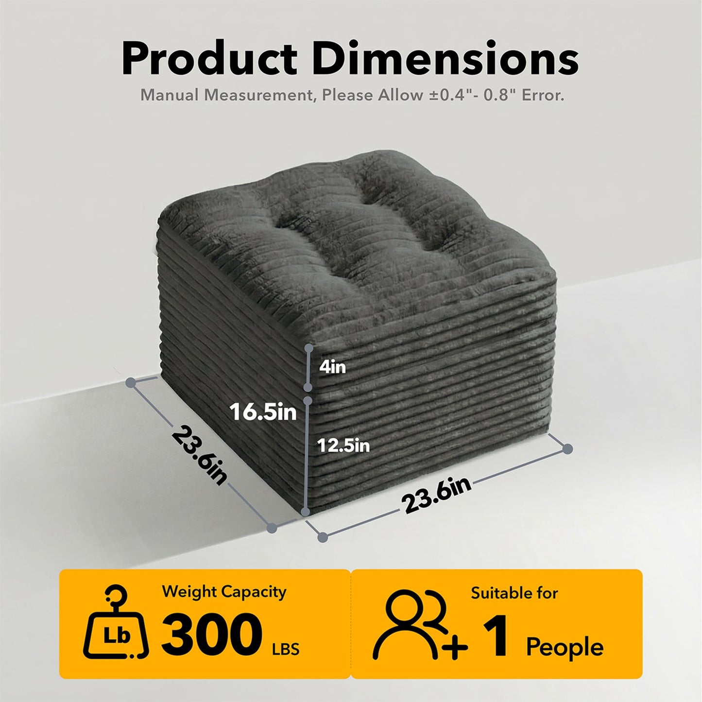 Fabulcozy 23.6in Pouf Ottoman, Corduroy Ottoman Foot Rest with Dual‑Layer Support, Large Poofy Pouf with Soft Chunk‑Foam Top & Firm Foam Base, Floor Foot Stool for Living Room, Dark Grey