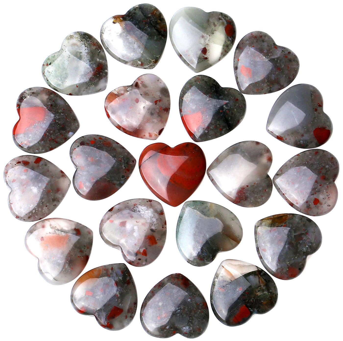 QINJIEJIE 10PCS African Bloodstone Heart Crystals Thick Stones Love Shaped Gemstones Pocket Palm Crystal Bulk Polished Thumb Gem Set Wholesale Worry Stones Spiritual Reiki Energy Gift for Women Men
