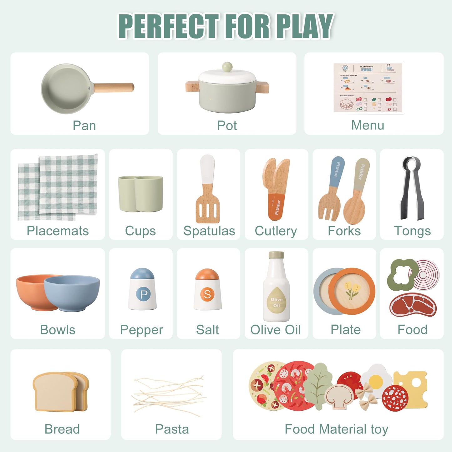 Pithfor Wooden Play Cooking Set, Pretend Play Kitchen Accessories Toys Set for Kids Toddlers, Including Play Dishes, Pot and Pan, Utensils, Gifts for 3 4 5 Years Old Girls Boys
