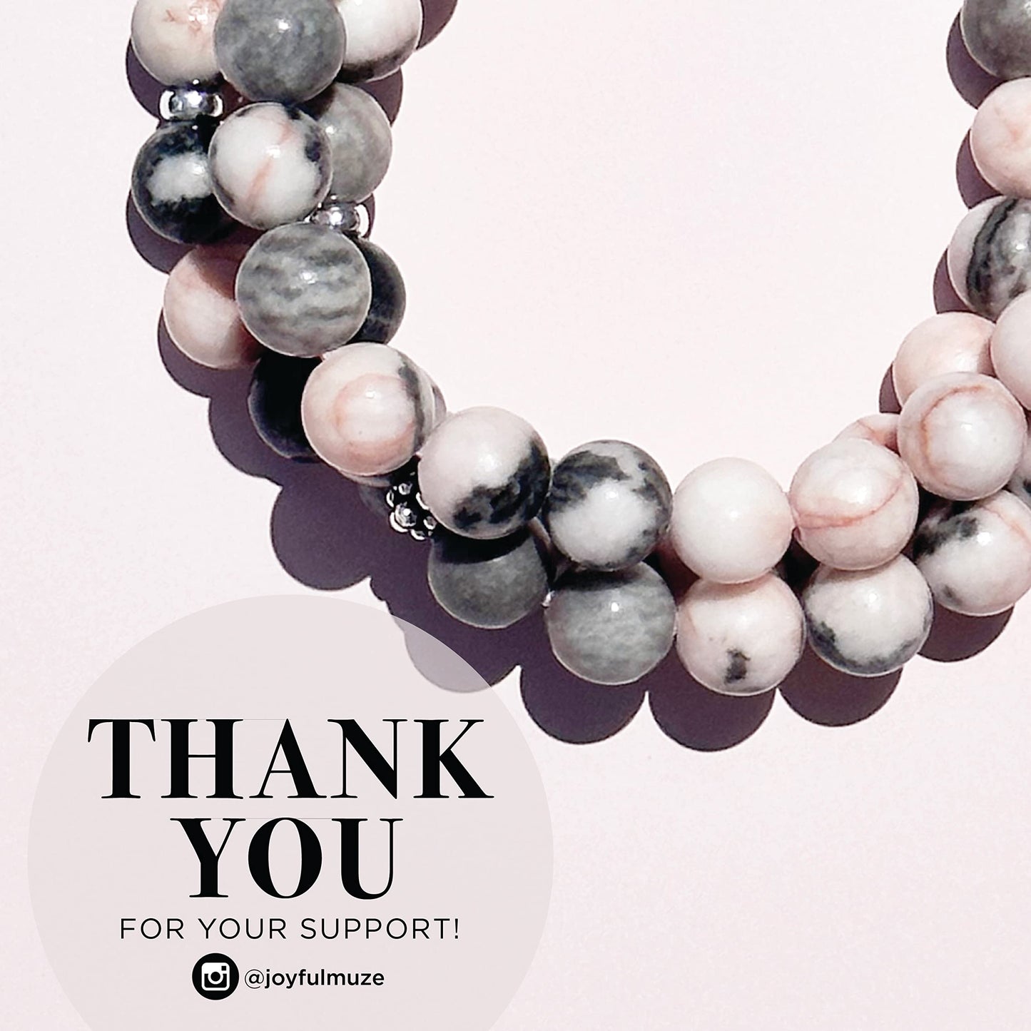 Joyfulmuze Zebra Jasper, Stretch Bracelets Natural Genuine Pink and Black Gemstones, Handmade Gift for Women and Men (Ocean-Pink-Black-Agate)