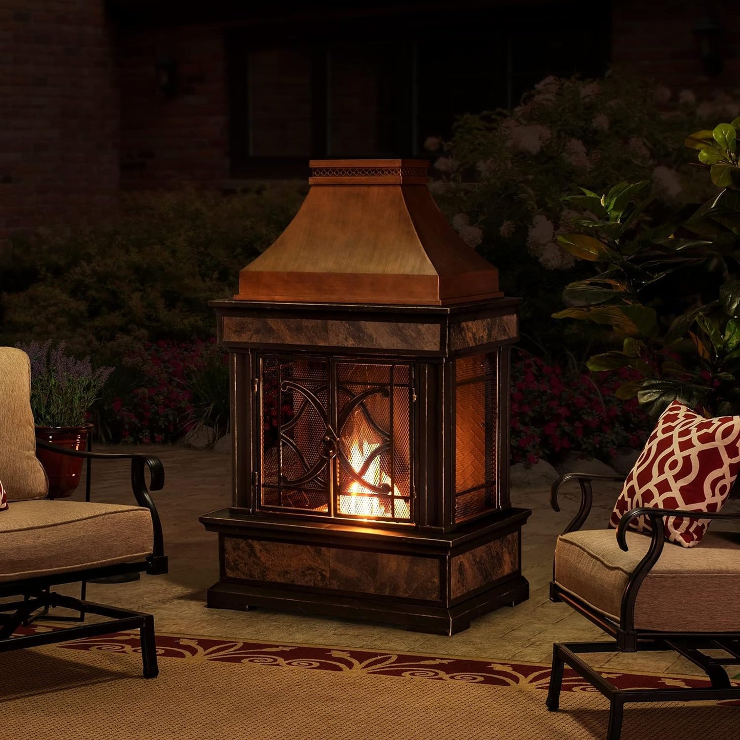 Sunjoy Outdoor Fireplace, Stone Look Tile Patio Wood Burning Steel Fireplace with Chimney, Spark Screen, Fire Poker, Rain Cover, and Removable Grate, Copper with Gray Tile