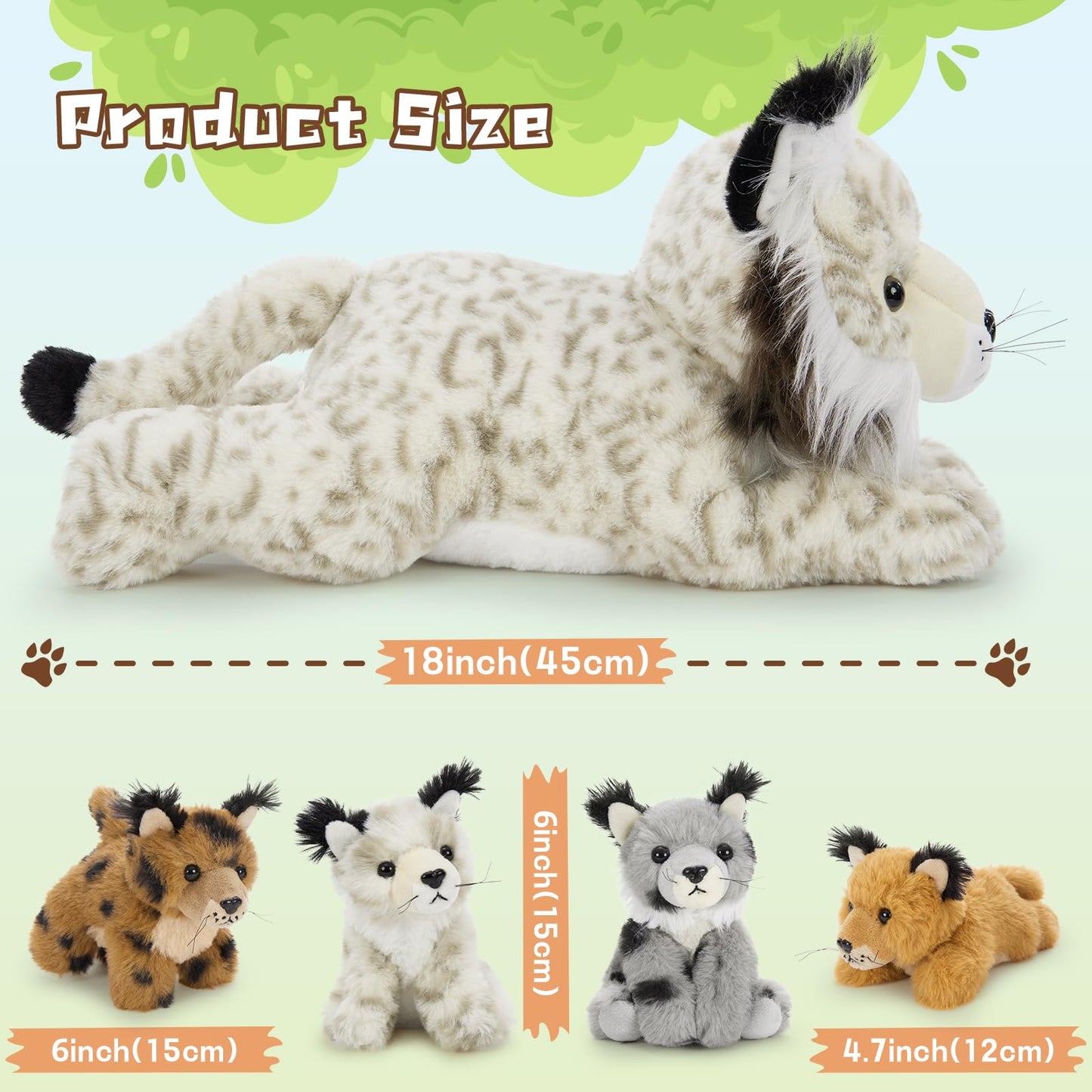 Muiteiur 5 Piece Lynx Stuffed Animals, Soft Bobcat Stuffed Animals with Babies,18-inch Cute Plush Toy for Kids Girls Boys, Fun Gift for Birthday Children Day (White)