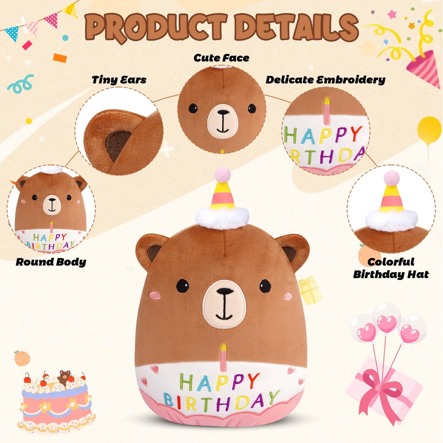 Prewplam Happy Birthday Teddy Bear Plush - 8inch Birthday Stuffed Animal Bear Plushie Pillows Toys, Soft Doll Gifts Party Decoration for Kids Girls Boys