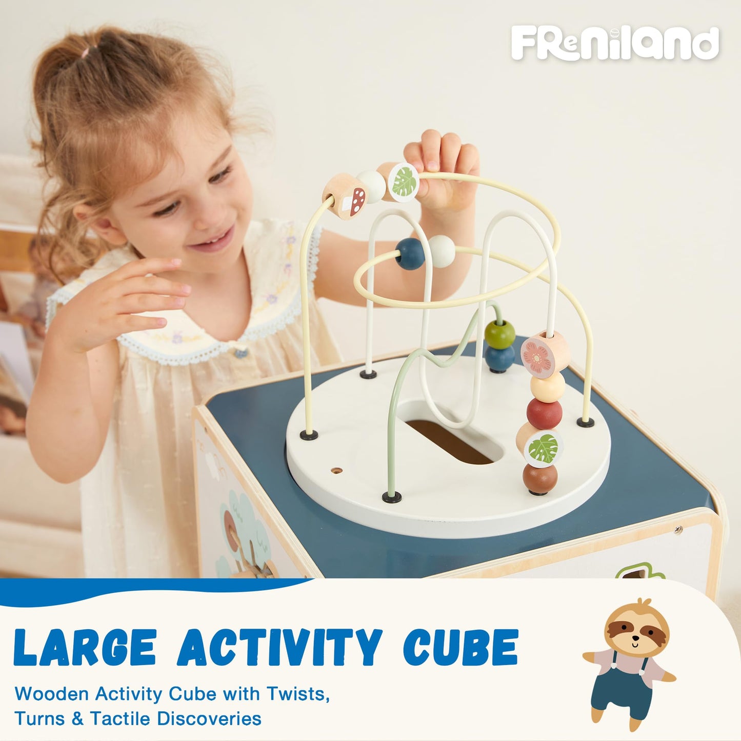 FReniland Wooden Activity Cube,Five Sided Montessori Toys,Sensory Toy for Toddler,Gift for Boys and Girls Over 18 Months