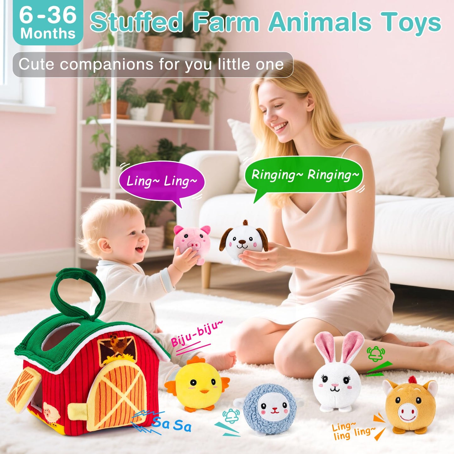 NECTAR BABY Soft Baby Sensory Toys - First Surprise Barn with 6 Stuffed Farm Animals - Rattles, Crinkles, Squeak, Mirror - Montessori Toys for 6-12 Months Infant & 1-3 Years Toddler Gifts & Travel Toy