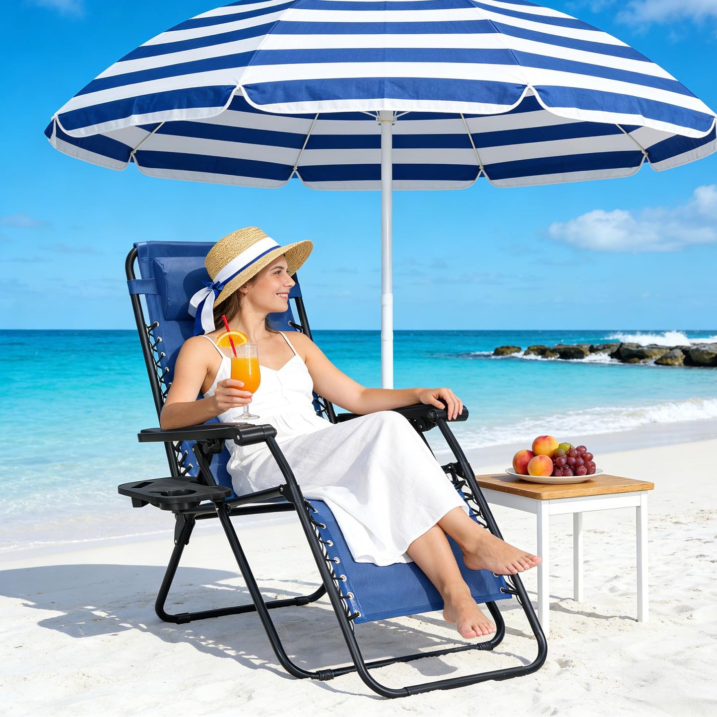 Zero Gravity Chairs Set of 2, Adjustable Lounge Chair Outdoor Recliner, Folding Reclining Lawn Chair, Anti Gravity Chair with Pillow & Cup Holder for Pool Camping Sunbathing Beach Patio (Blue)