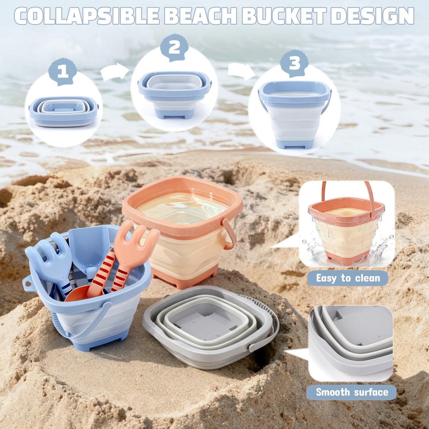 Dreamon 3 Pack Beach Toys Set for Kids 3-10, Collapsible Sand Buckets with Beach Molds and Mesh Bag, Sandbox Travel Toys Beach Vacation Essentials, Camping Gear, Fishing (Blue/Grey/Orange)