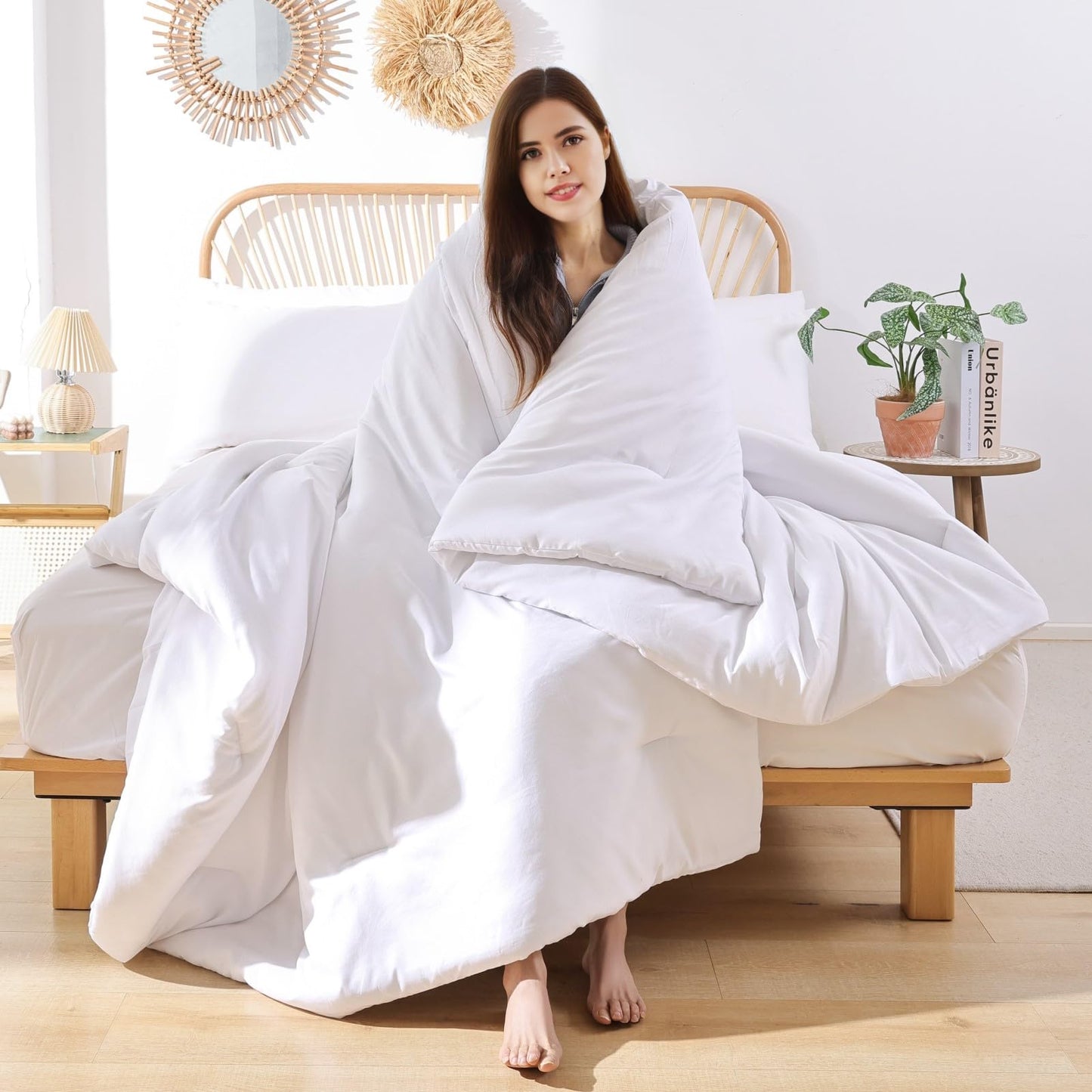 ROSGONIA White Queen Comforter Set, 3pcs(1 Boho White Comforter & 2 Pillowcases) All Season Soft Bedding Lightweight Bedspread Blanket Quilt