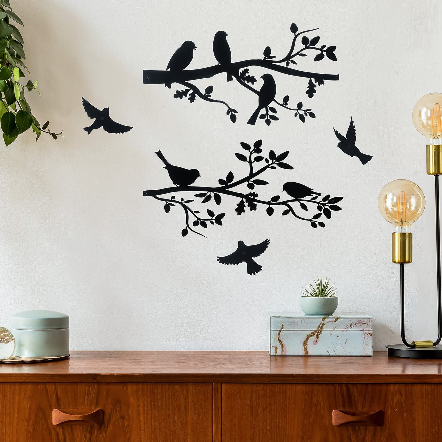Youyole 5 Pcs Metal Wall Art Birds on The Branch Metal Wall Art Decor Hanging Leaves with Birds Ornament Silhouette for Indoor Outdoor Home Office Balcony Garden Decor