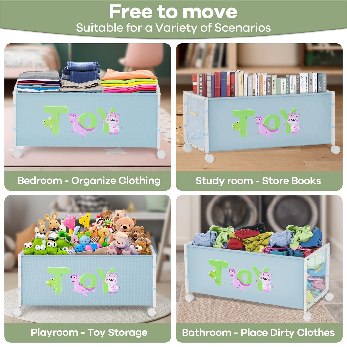 AIJIAMEIER Large Toy Box with Wheels, 120L Toy Boxes for Extra Large Metal & Oxford Cloth Toy Chest Toy Organizer with Wooden Handle for Bedroom, Living Room Area, Stuffed Toys, Clothes(Blue, 1PC)