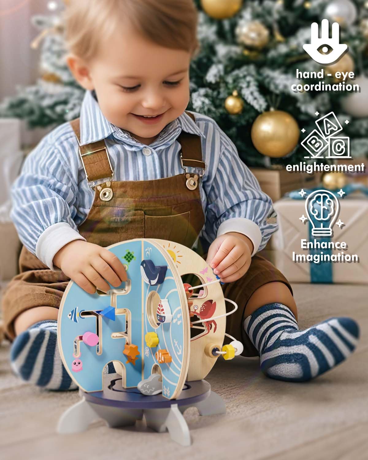 RRIBOUDWAN Ocean Wooden Activity Cube Montessori Toys for 1 Year Old Boy & Girl Birthday Gifts