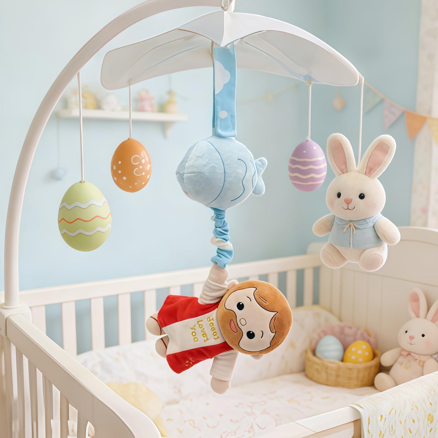Yelakey Baby Jesus Musical Hanging Plush Toy with Lullaby Music Box Sensory Crib Toy for Newborn Baptism First Birthday Gift