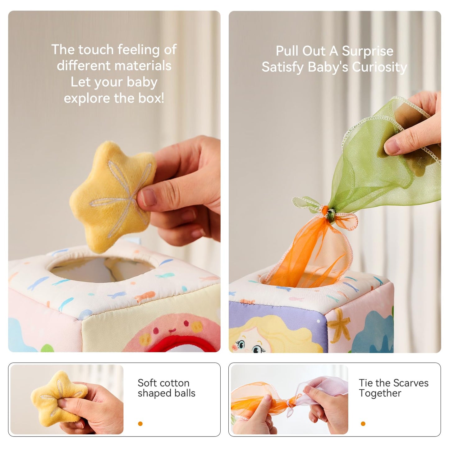 Youuys Baby Tissue Box Toy for Babies 6-12 Months - Montessori Sensory Busy Cube Toys with 3 Textured Balls & 12 Silky Scarves - Ideal Gift for Toddler Girls Ages 6 12 18 Months (Mermaid Theme)