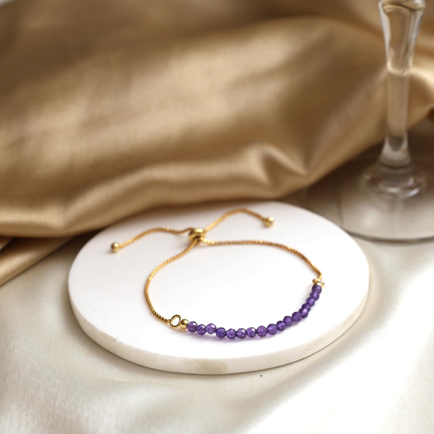 Gempires February Birthstone Jewelry for Women, Birthstone Beaded Bracelet, Amethyst Bracelet, Bolo Beads Bracelet, 14k Gold Plated Chain (6-9 inch Adjustable Length)