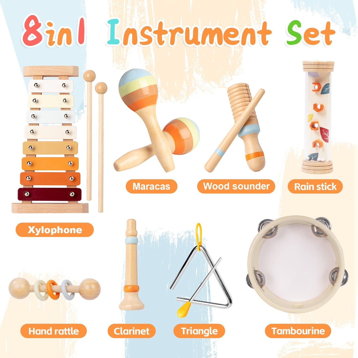 Toddler Musical Instruments Sets, Montessori Wooden Percussion Educational Baby Musical Toys Xylophone Maracas Tambourine for 2 3 4 Year Old, 18 Months Gifts for Baby Boys Girls Kids