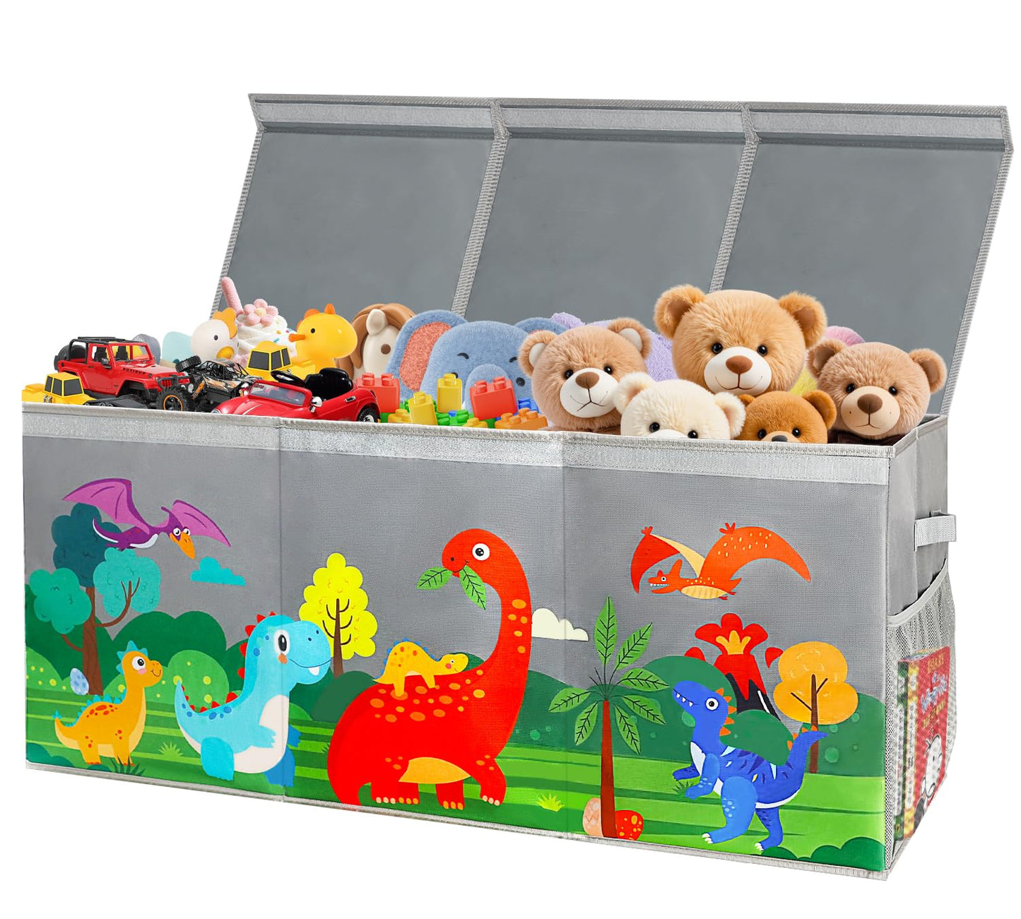 KORVAX Extra Large Toy Box Chest with Lids, Collapsible Toy Storage Organizer for Kids, Dinosaur Toy Bin Box for Toddlers Boys Girls, Toy Organizer for Living Room Nursery Playroom Bedroom Home Grey