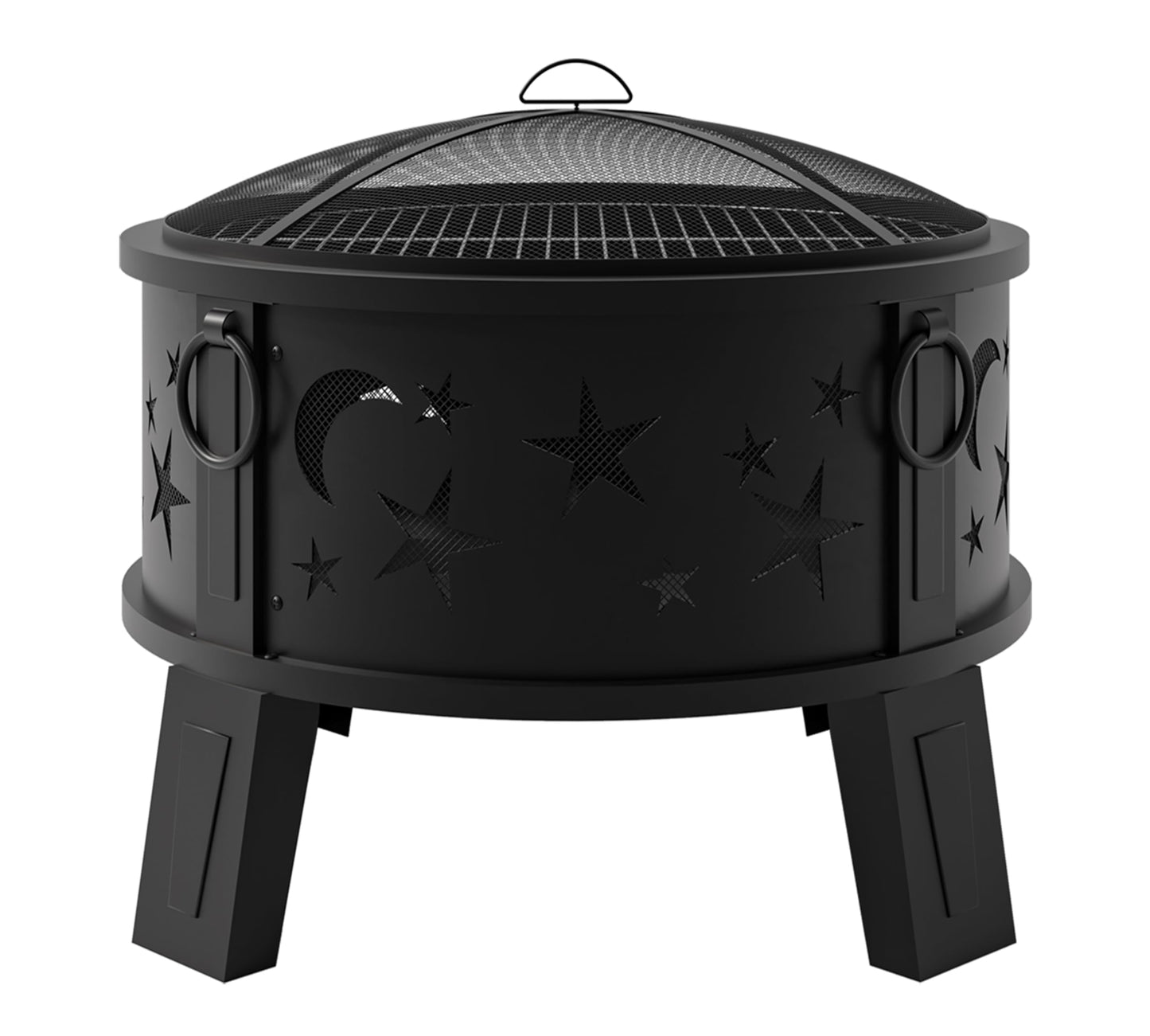 Kingson 26" Outdoor Fire Pit with Grill & Mesh Cover, Wood Burning Steel Firepit with Poker & Star Spark Screen, Heavy Duty Patio Fire Bowl for Backyard, Camping & Garden