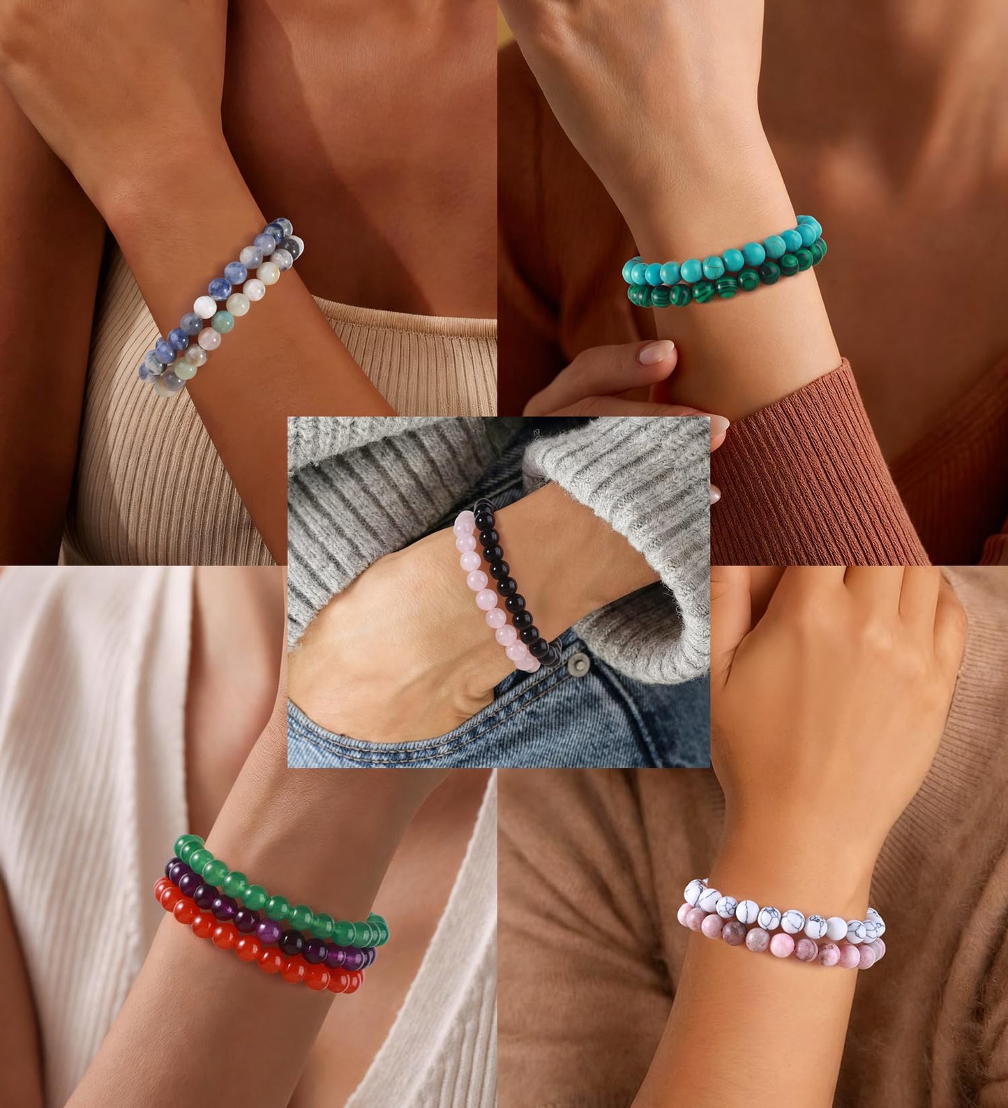 SAMOCO 16Pcs Natural Healing Crystal Bracelets for Women Men Semi-Precious Gemstone Beaded Bracelets Round Beads Gemstones Stretch Yoga Bracelet