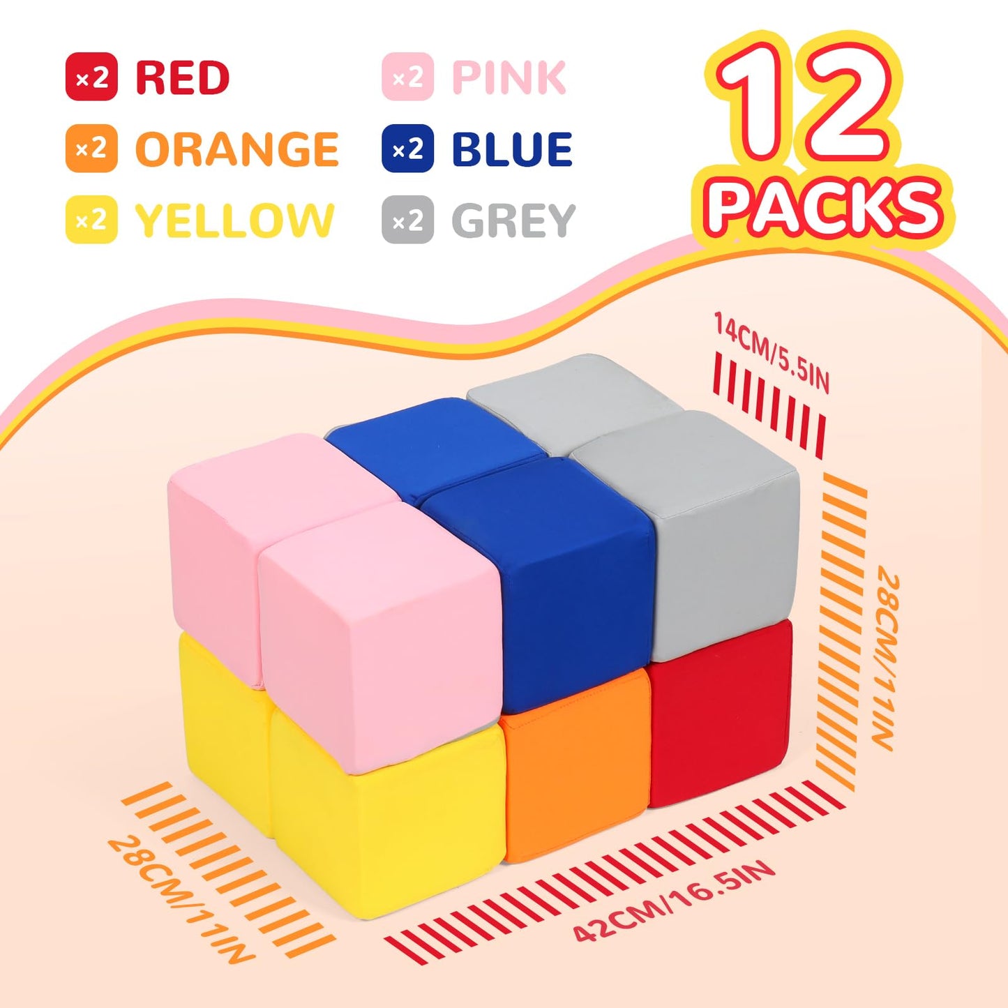 Foam Blocks for Toddlers, 12 Pieces Soft Building Blocks for Kids, Large Foam Cubes Colourful Stacking Block Sets - Throw & Play Toys with Washable Cover(Pink, Dark Blue, Yellow, Orange, Red, Gray)
