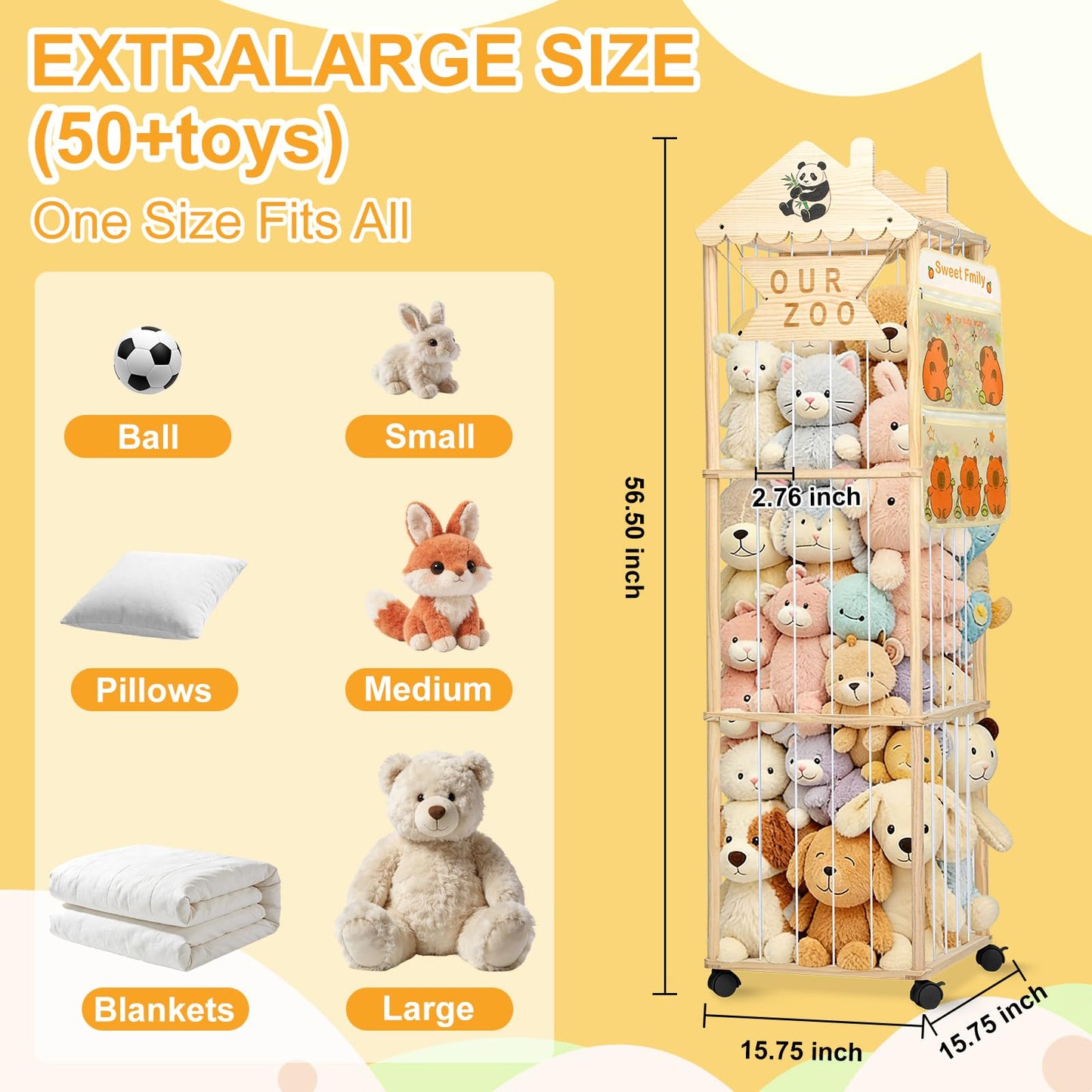 Stuffed Animal Storage, Extra Large Stuffed Animal Organizer with Wheels, Wooden Tall Animal Zoo Display Tower, Plushies Toy Holder with Lights and Pockets for Nursery, Playroom, Bedroom