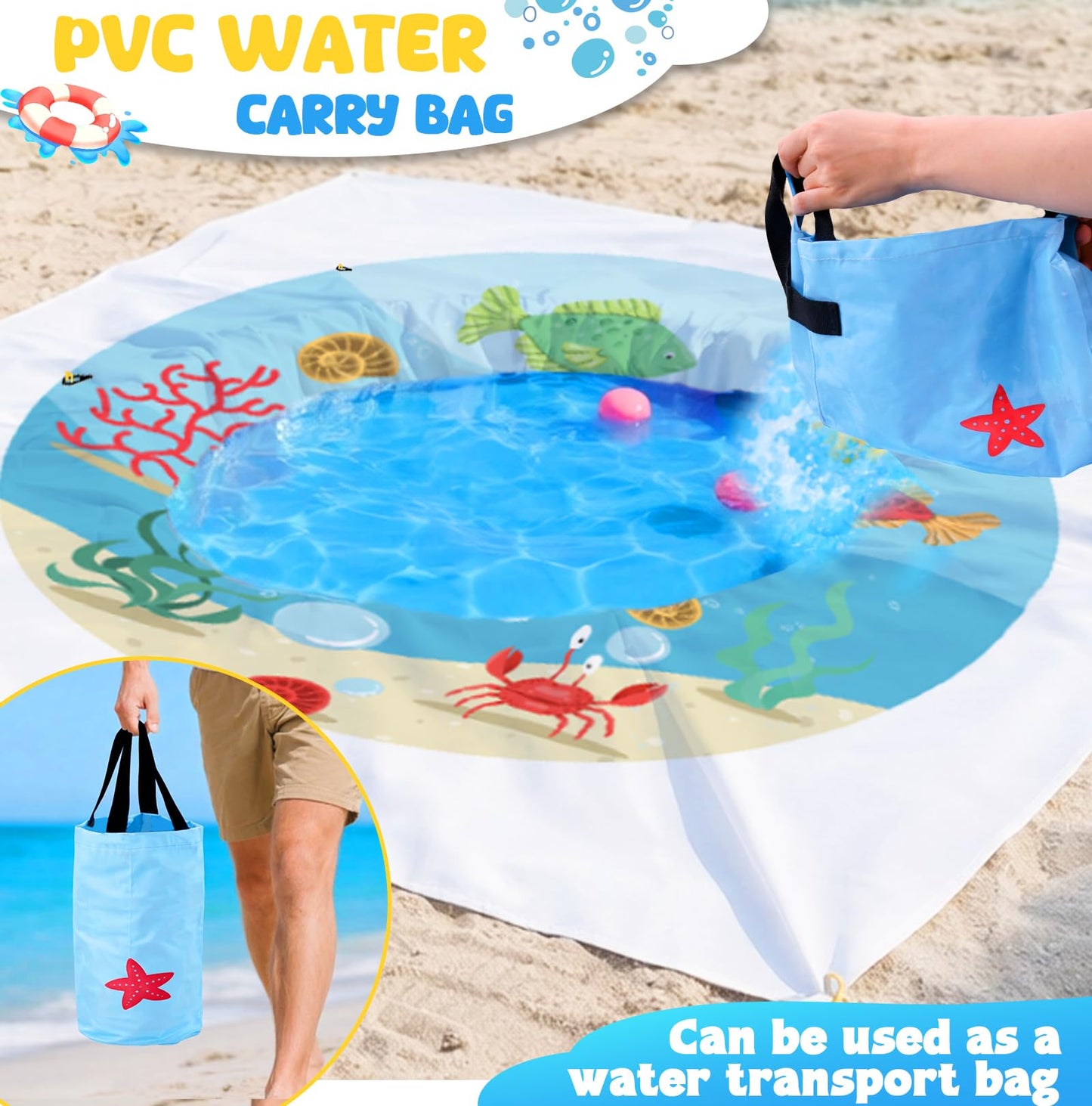 Baby Beach Pool,Kiddie Pool and Beach Blanket,2 in 1 Toddler Paddling Pool,Beach Toys for Infant Kids Boys and Girls with Portable Water Bag