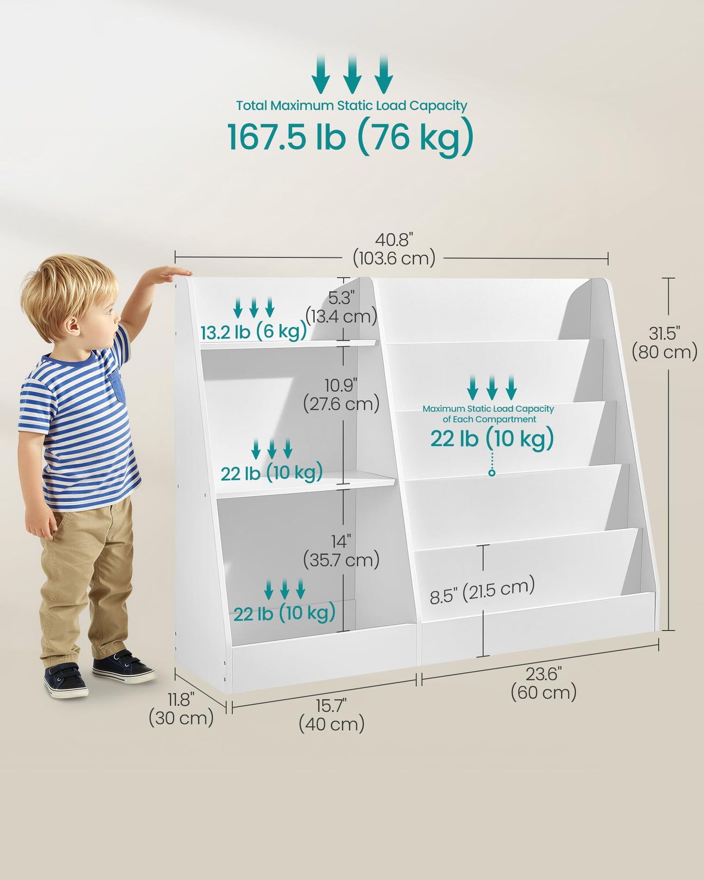 SONGMICS Book and Toy Storage Organizer, 5-Tier Montessori Kids Bookshelf and Toy Storage Shelf, for Children's Room, Reading Nook, 11.8 x 40.8 x 31.5 Inches, Cloud White UGKR077WZ01