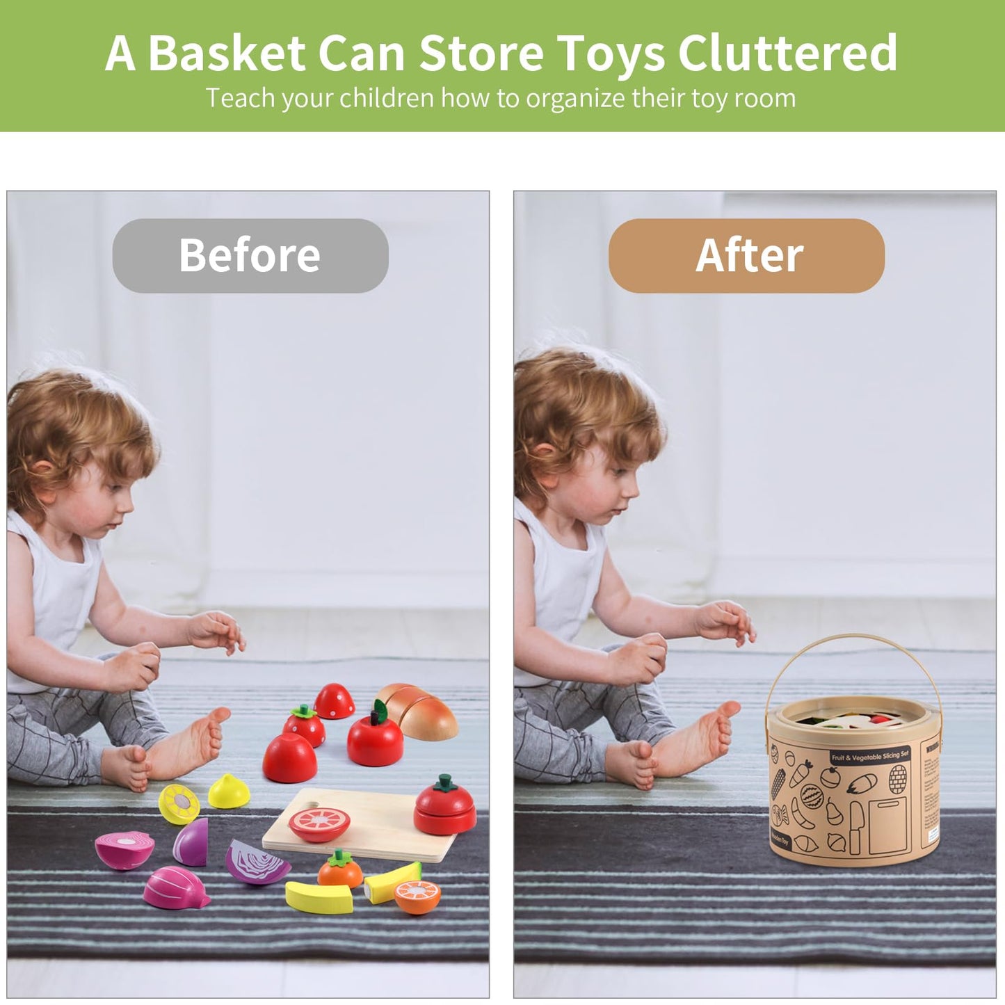 WHOHOLL 43 Pcs Wooden Play Food for Kids Play Kitchen Accessories Playset with Basket, Pretend Cutting Food Toys for 3 4 5 6 Year Old, Vegetables Fruits Toys Christmas Birthday Gifts for Girls Boys