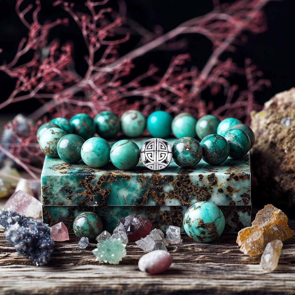 MetJakt Healing Crystals Beaded Bracelets for Womens Natural Gemstone 8mm Beads Stretch Bracelets with 925 Sterling Silver Double Happiness Pendant (African Turquoise AAAAA+)