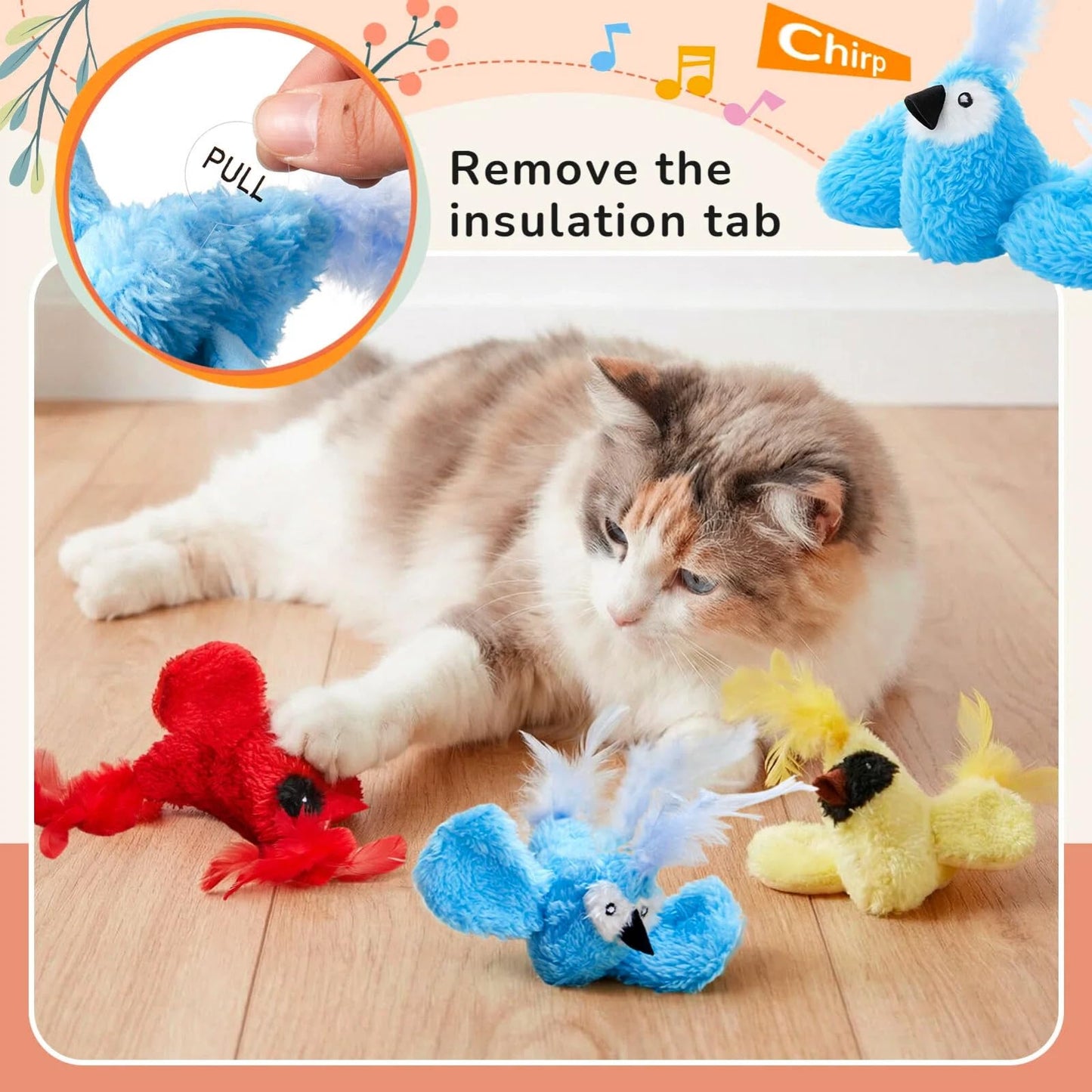 SilTriangle 3 Pcs Bird Cat Toy with Chirping Sound, 3.15 Inch Interactive Exercise Toy with Lifelike Bird Chirp, Red Cardinal Blue Jay Goldfinch for Indoor Bored Cats Kittens, Gifts for Valentines Day