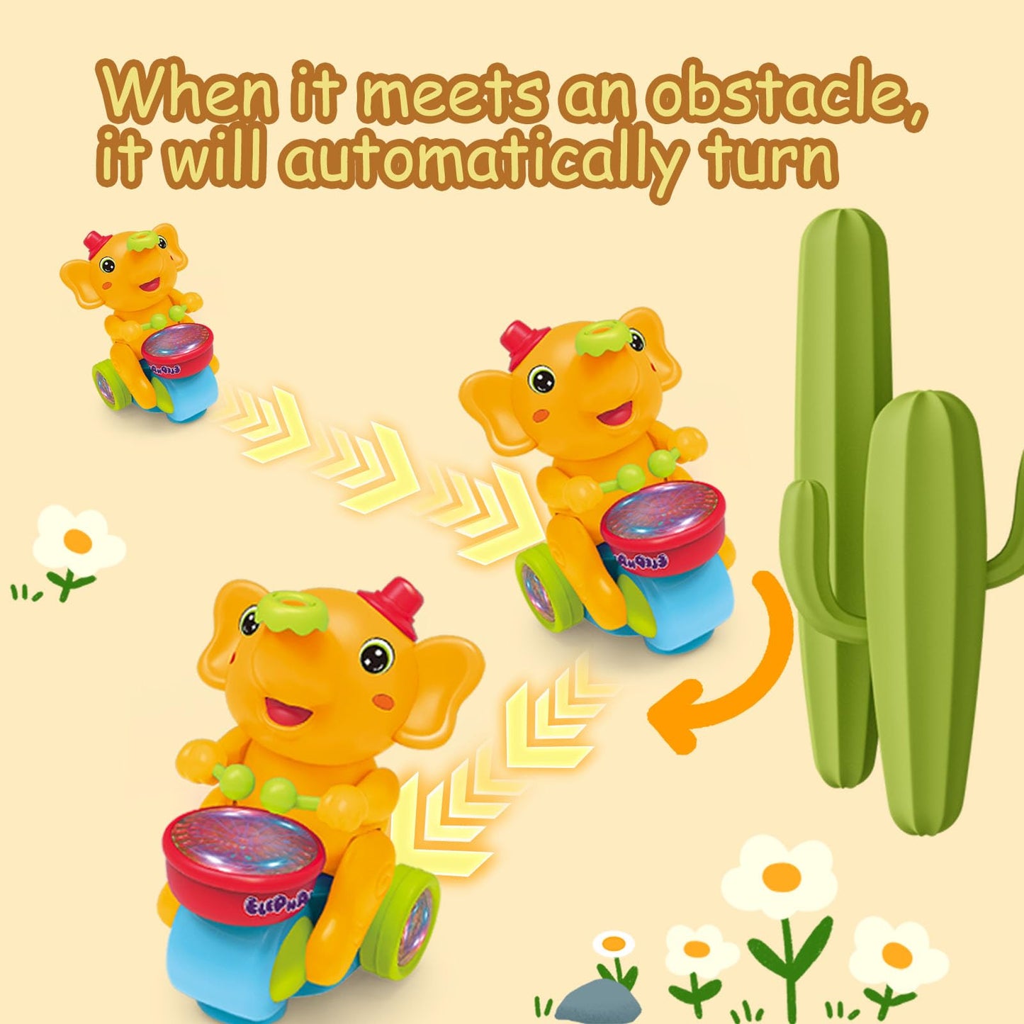 ARHEQI Baby Elephant Musical Crawling Toy with Lights, Sounds, Blowing Ball, Infant Sensory Toys, Birthday Gifts for Kids Boy Girl 3 4 5 6 7 8 Years (Yellow)