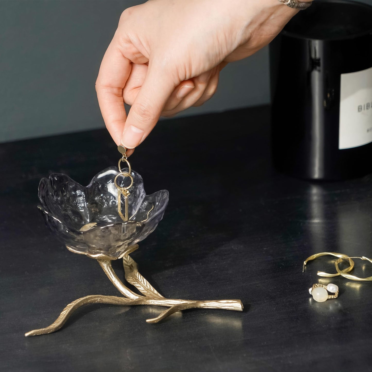 SOFFEE DESIGN Dark Glass Flower Jewelry Tray with Gold Metal Leaf Base, Jewelry Dish Ash Tray for Vanity Table, Moody Home Decor Accent