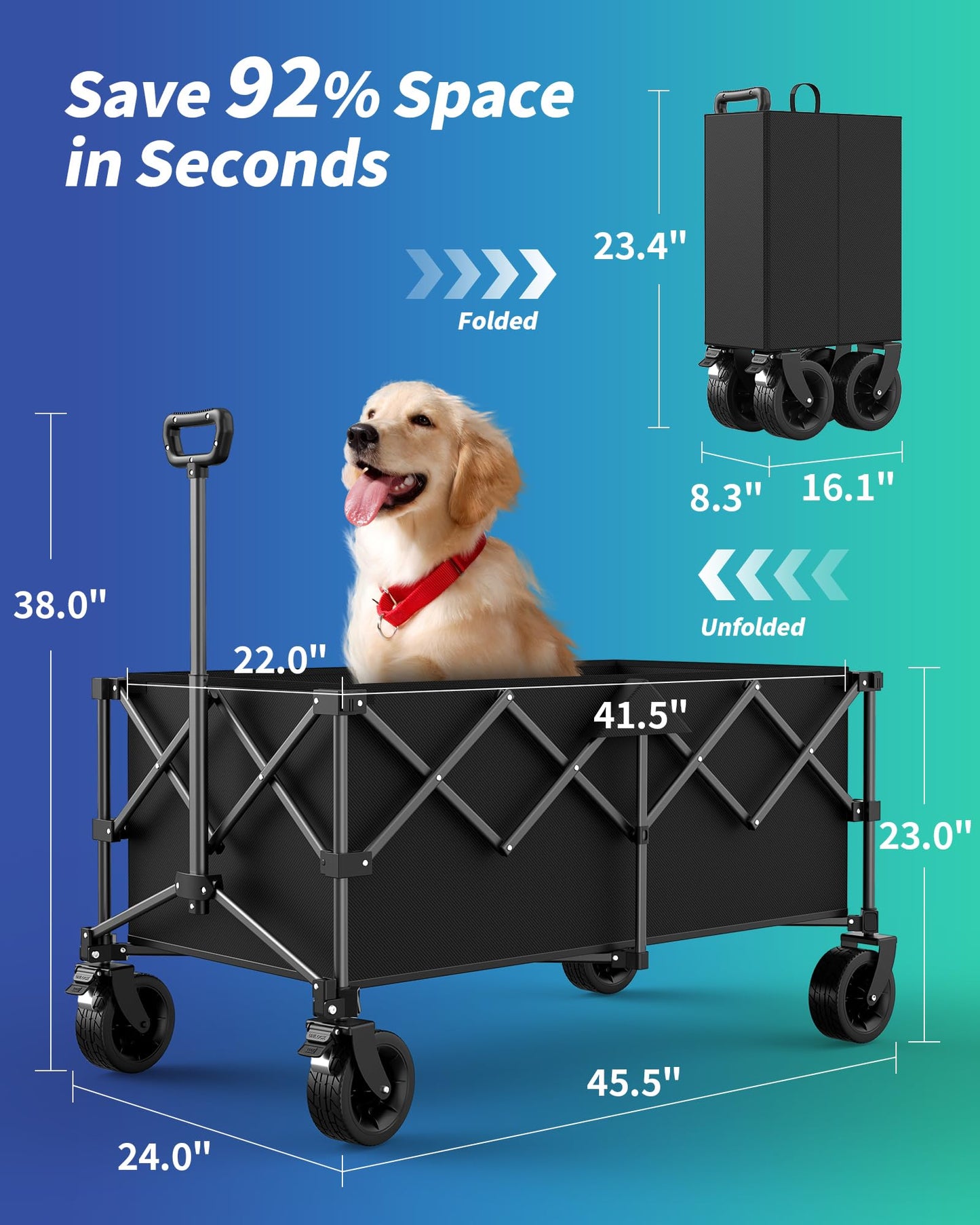 Kitsure Collapsible Wagon with Wheels, Foldable Dog Wagon Carts with 440lbs Load Capacity, Utility Shopping Cart, Black, 45.5" x 24.0" x 38.0"