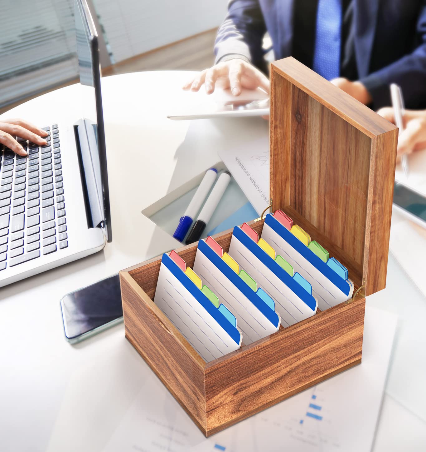 Neando 5x8 Index Card Organizer with Lid β Extra Large Acacia Wood Storage Box with 4 Compartments, 20 Blank Tabs, Holds 600 Cards β File Box for Recipes, Projects, School Notes & Office Organization
