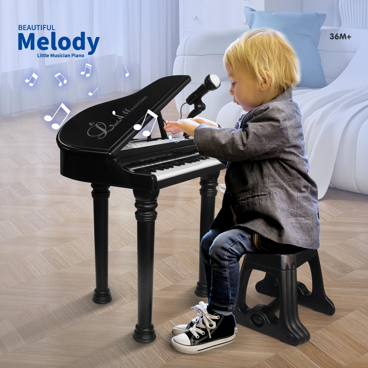 Love&Mini Piano Keyboard Toy for Kids - 31 Keys Toddlers Black Piano Toy with Microphone and Stool for Kids Age 3+ Years Old Girls Boys Birthday Gift