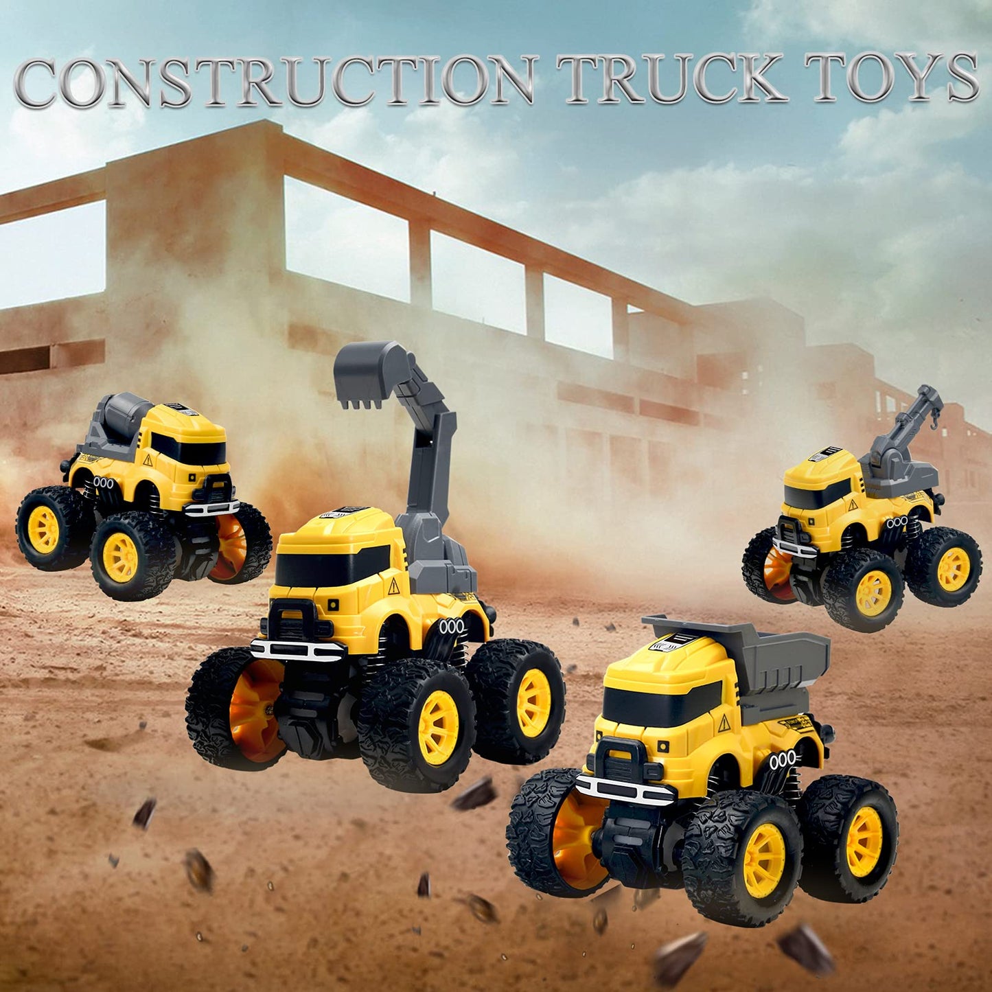 Construction Truck Toys - 4 Pack Excavator, Mixer, Crane, Dump Trucks Push and Go Friction Powered Cars Monster Trucks Vehicles Playset Kids Birthday Party Favors Gifts for 3+ Year Old Boys Girls