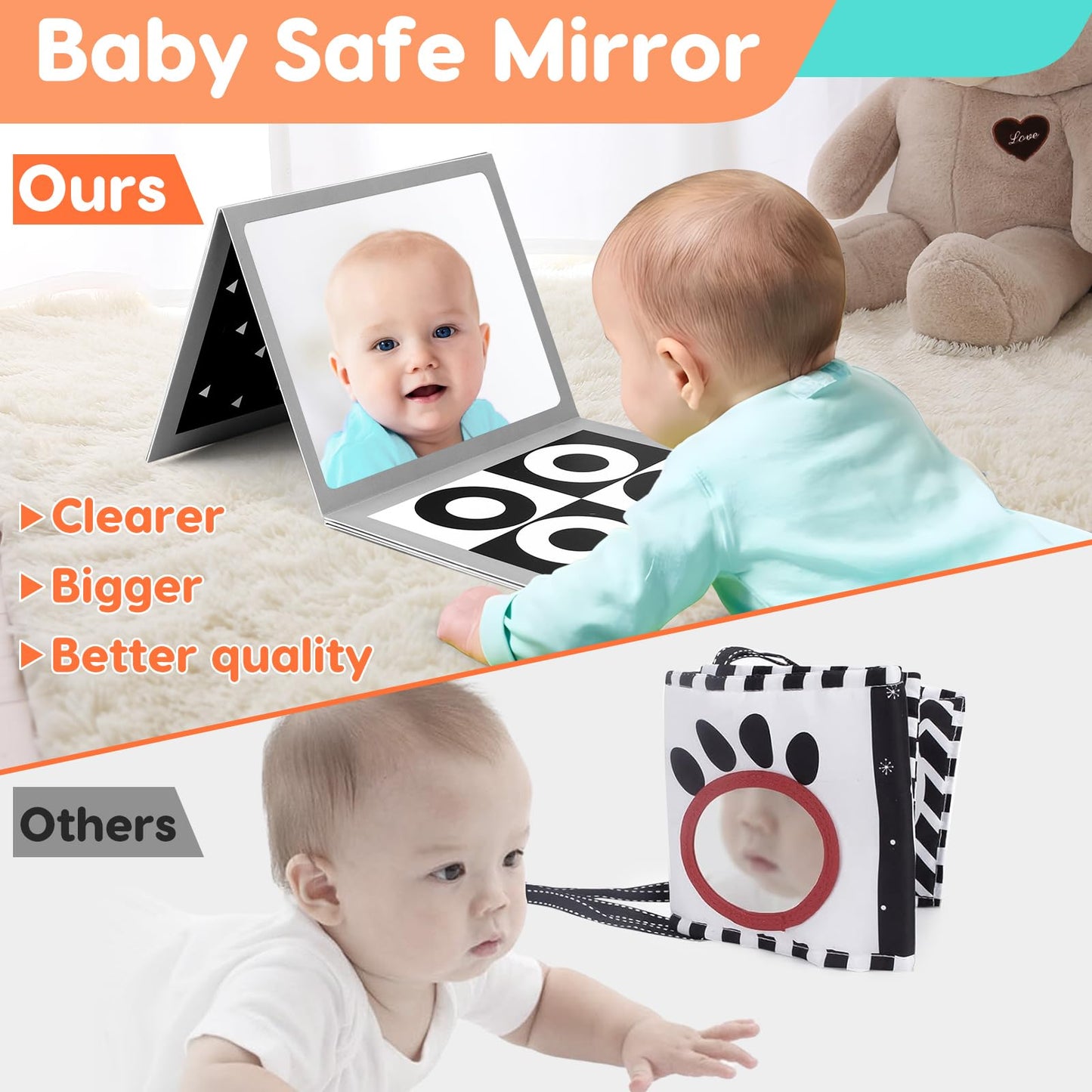 Black and White High Contrast Baby Books Flash Cards Tummy Time Mirror Toys Newborn Toys 0 6 Months Brain Development Infant Stimulating Sensory Toy 0-3 3-6 2 4 5 Months Old Baby Shower Easter Gifts