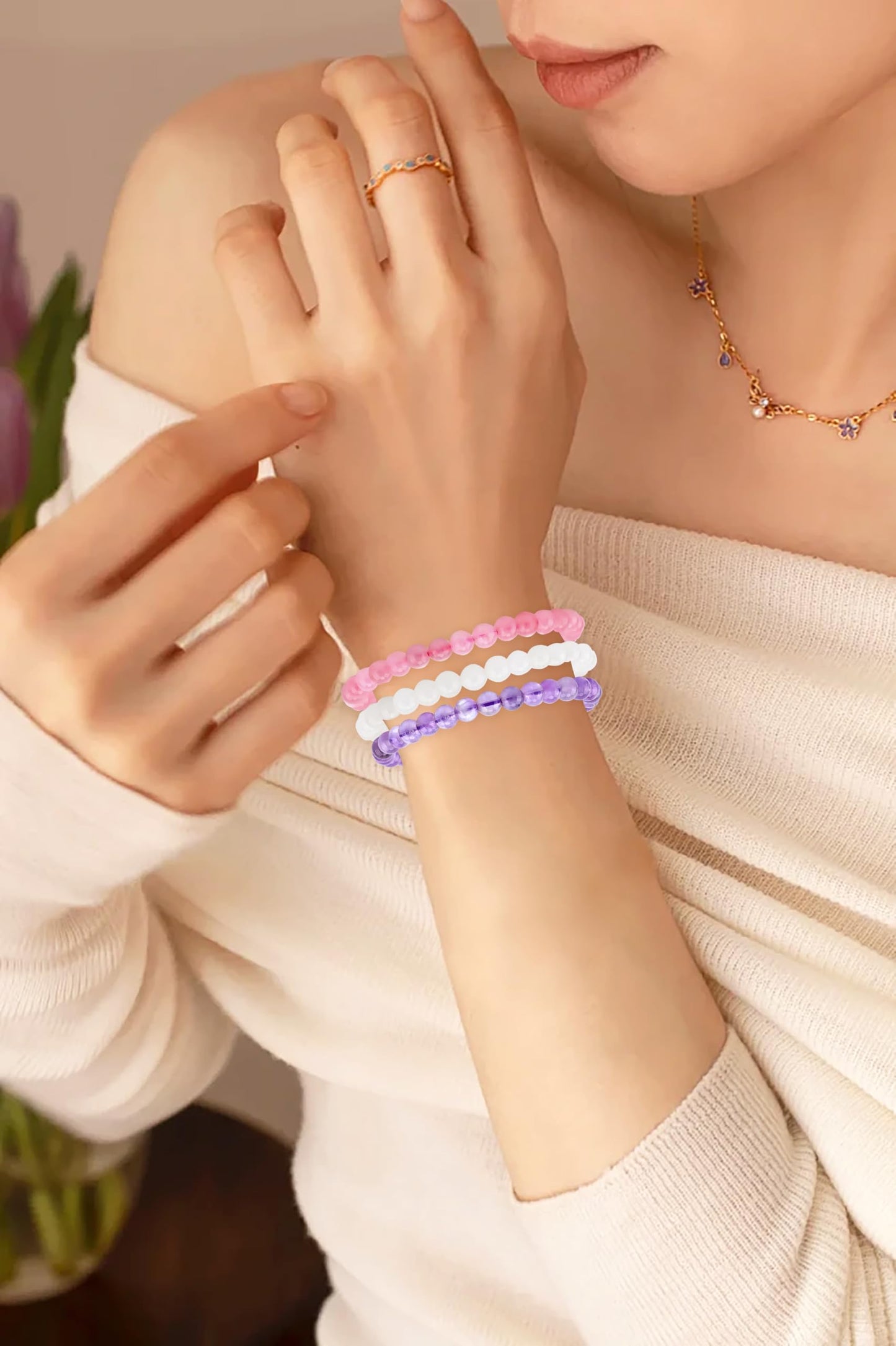 CMBYN 3-Pieces 6mm Natural Crystal Gemstone – Amethyst, Pink Quartz, White Jade Handmade Reiki Energy Healing Stretch Bracelets Jewelry for Yoga, Meditation, Unisex