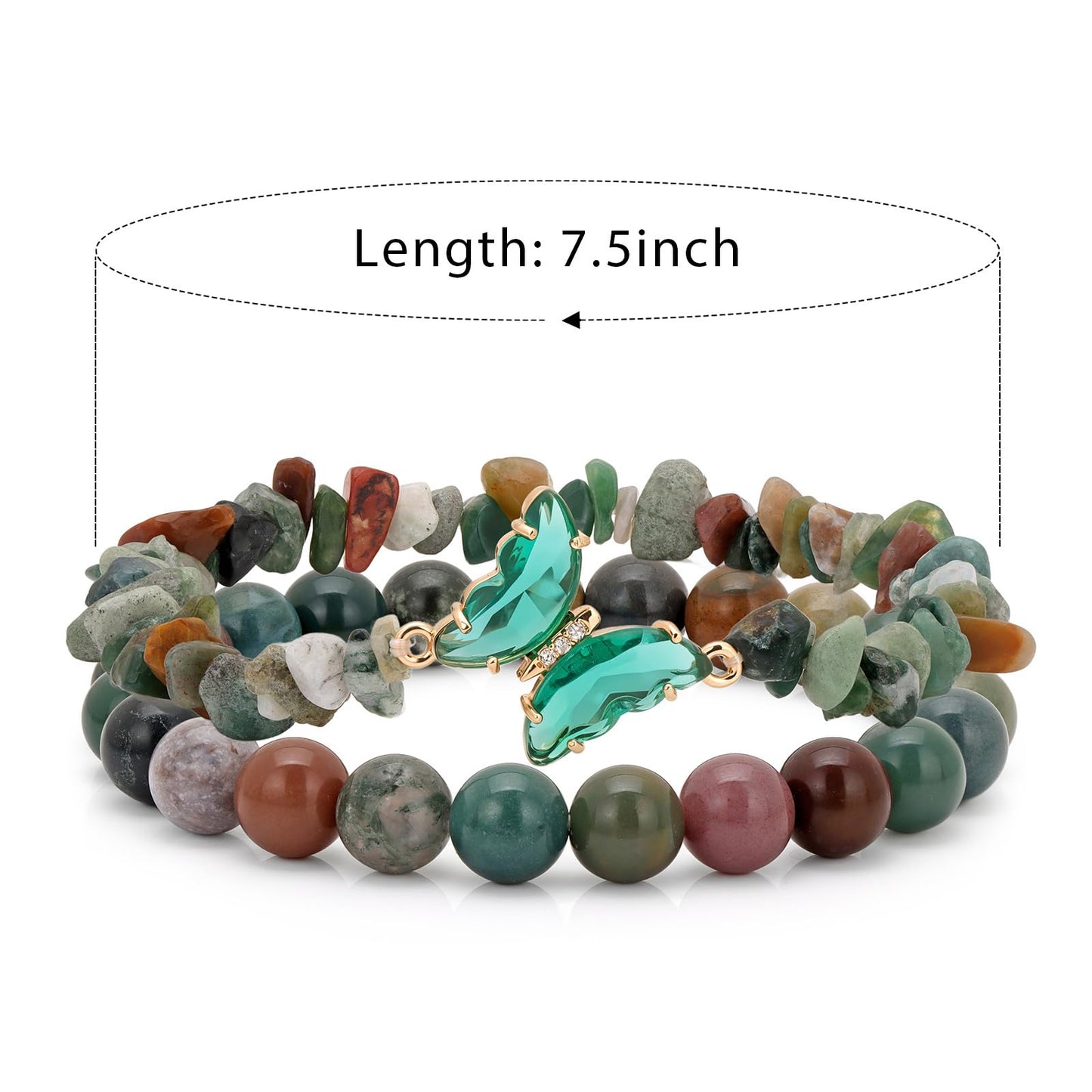 GolbalJew Indian Agate Beaded Bracelet for Women Healing Crystal Stone Beads Stretch Bracelets Butterfly Charms Jewelry Women Gift