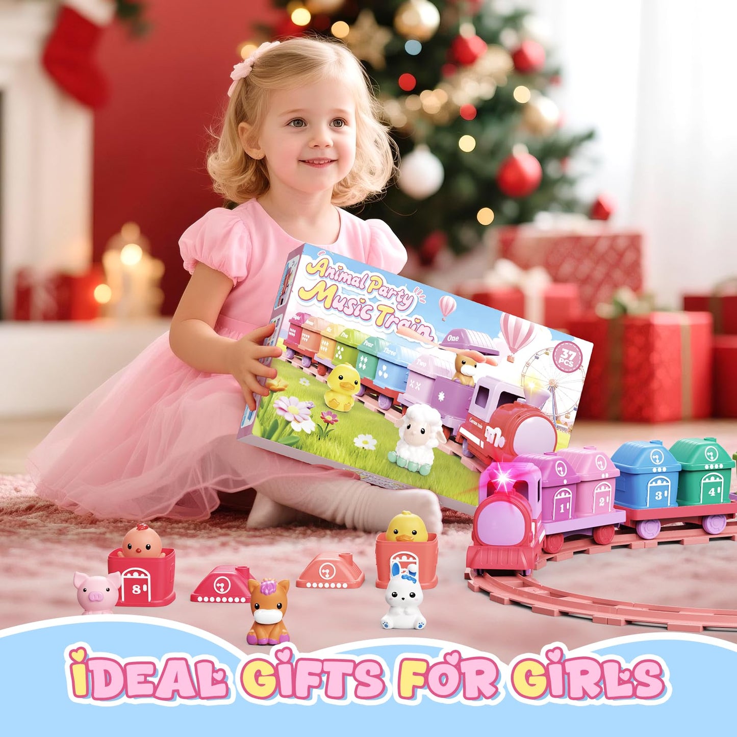 Cmiolacuna Train Set for Girls 2-4, Electric Toy Train with Farm Animals & Music & Lights, Montessori Counting & Sorting Learning Toys for Toddler Girls 1 2 3 Year Old, Christmas Easter Birthday Gift