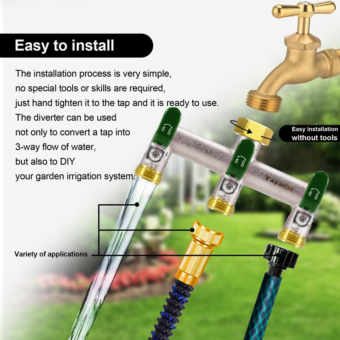 Yayamz 3 Way Garden Hose Splitter, Heavy Duty Brass Nickel Plated Rust Resistant Faucet Manifold, 3/4" Frost Resistant Outdoor Hose Adapter Connector,Hose Spigot Adapter with 3 Large Green Handles