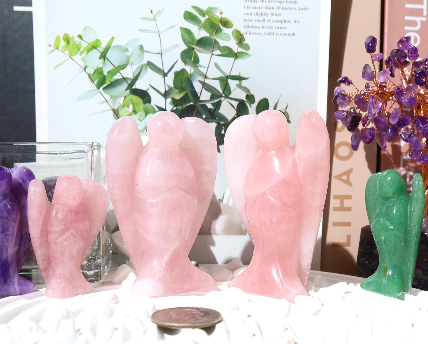 QINJIEJIE 3" Rose Quartz Angel Large Crystals Decor Healing Stones Peace Angel Desk Figurine Big Light Pink Gemstone Statue Home Pocket Polished Room Office Decorations Guardian Gift for Women